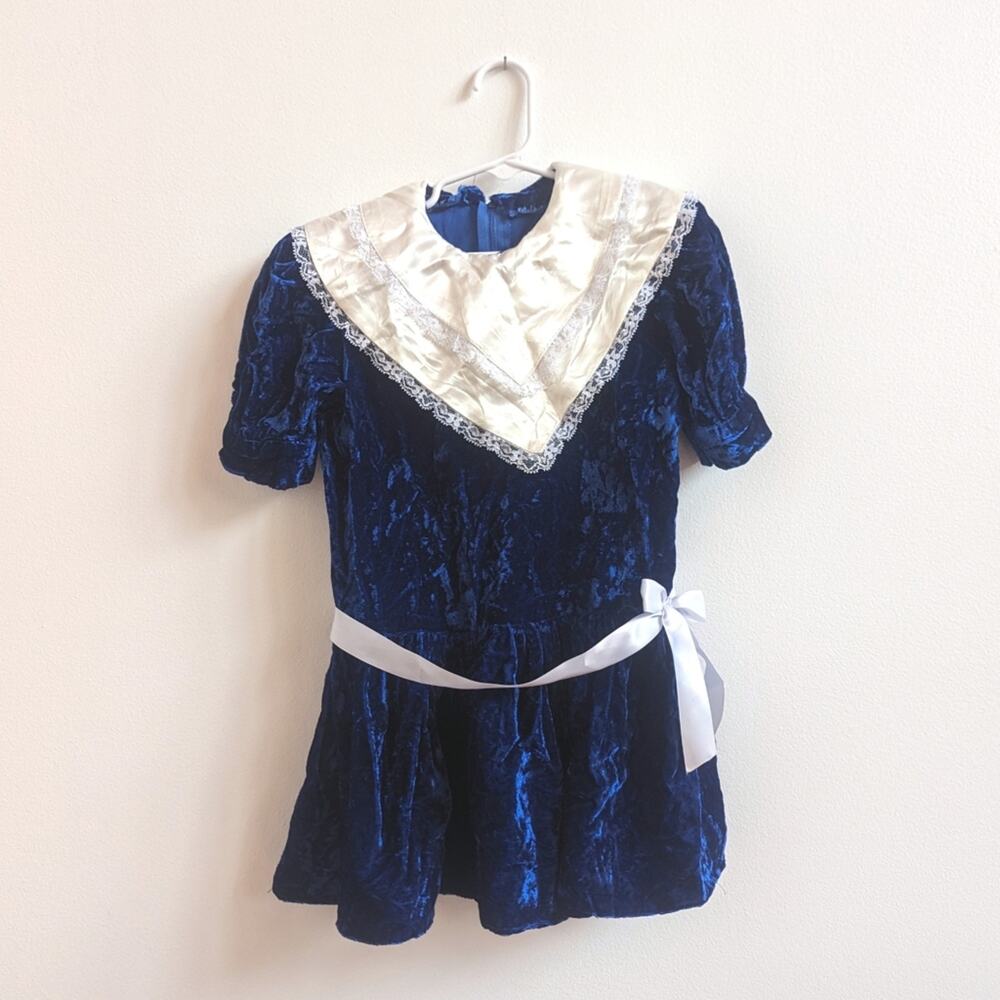 Vtg 90s Handmade Dress Blue Crushed Velvet Drop Waist Girls Sz 4-6